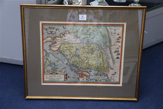Abraham Ortelius Map of Chinae, Second State, 1584 or later, Theatrum Orbis Terrarum Latin edition, later hand-coloured 15 x 19in.